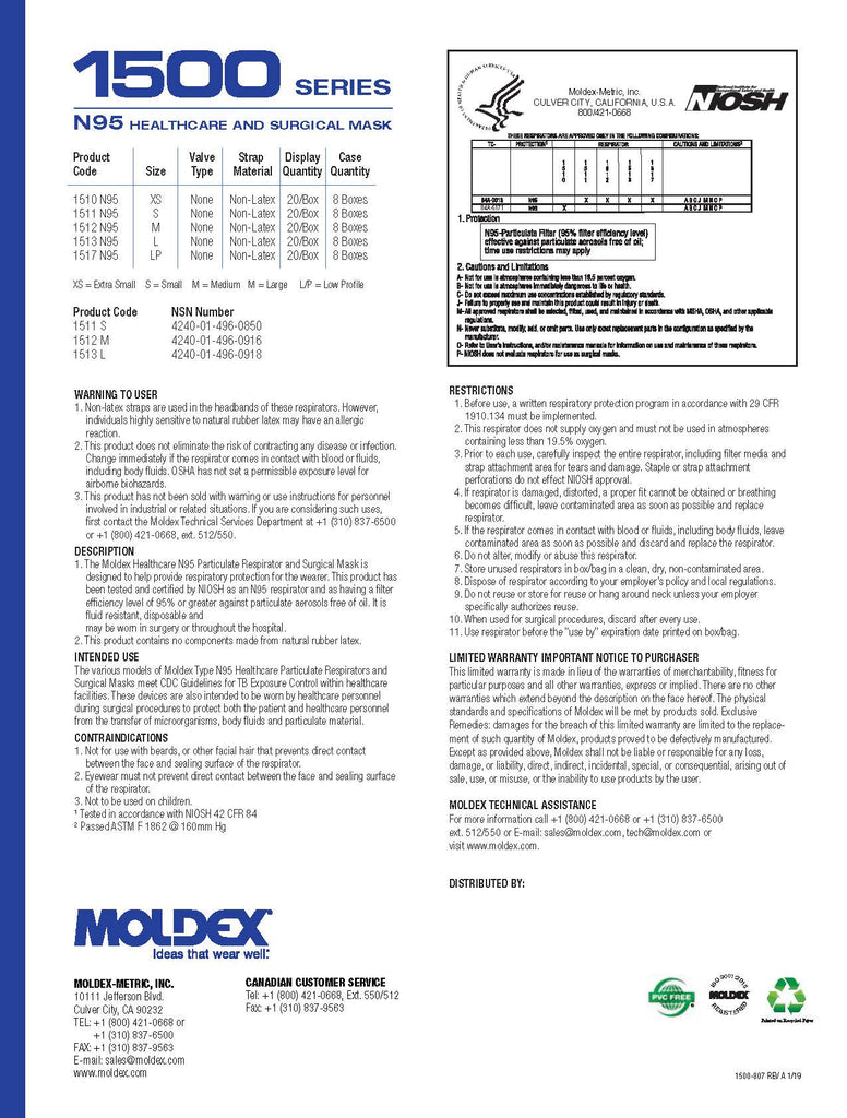 Moldex N95 1510 Healthcare Respirator (X-SMALL) - Box of 20 -Case or Box