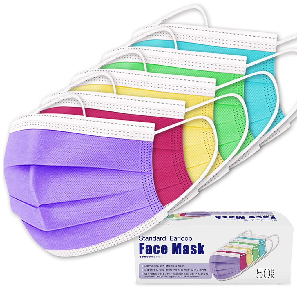 3-Ply Disposable Face Masks - 50 Count - Multi Color - 5 Colors of 10 Masks